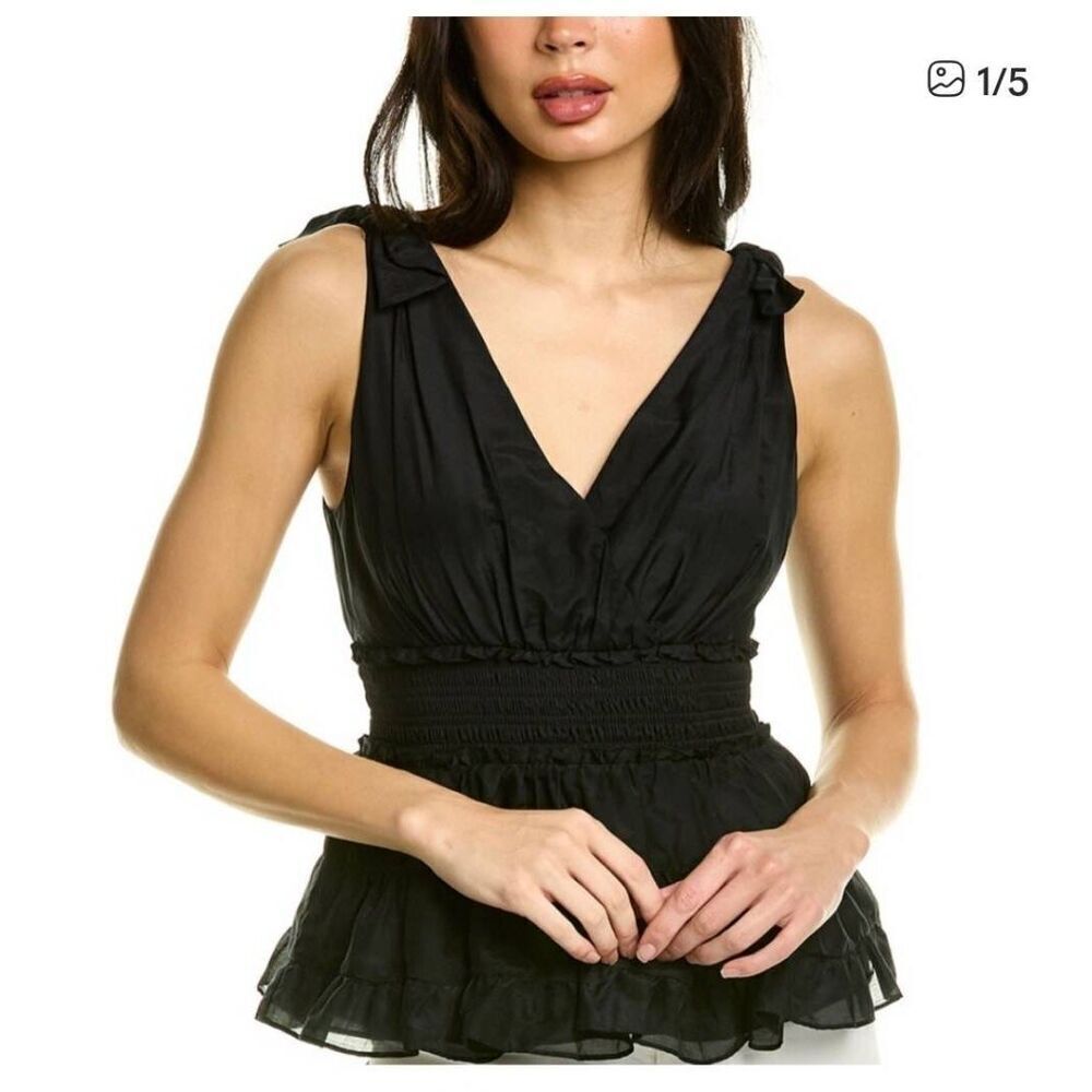 Cing A Sept Black V Neck Smocked Waist Cotton & Silk Peplum Tank Top S